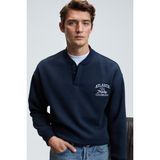 Grimelange JETHRO Erkek Bomber Yaka Patlı Düğmeli Göğsü Nakışlı Relaxed Fit Lacivert Sweatshirt - 2XL