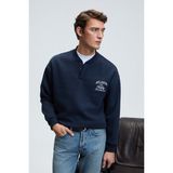 Grimelange JETHRO Erkek Bomber Yaka Patlı Düğmeli Göğsü Nakışlı Relaxed Fit Lacivert Sweatshirt - XL