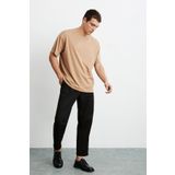 GRIMELANGE Jett Erkek Oversize Fit %100 Organik Pamuk Kalın Dokulu Bisiklet Yakalı Kahverengi T-shirt