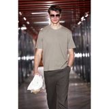 GRIMELANGE JETT Erkek Oversize Fit %100 organik Pamuk Kalın Dokulu Bisiklet Yakalı Koyu Haki T-Shirt