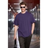 Grimelange Jett Erkek Oversize Fit %100 Organik Pamuk Kalın Dokulu Bisiklet Yakalı Koyu Mor T-Shirt - 2XL