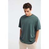 GRIMELANGE Jett Erkek Oversize Fit %100 Organik Pamuk Kalın Dokulu Bisiklet Yakalı Koyu Yeşil T-shirt Koyu Yeşil