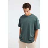 Grimelange Jett Erkek Oversize Fit %100 Organik Pamuk Kalın Dokulu Bisiklet Yakalı T-shirt, Koyu Yeşil, 2XL