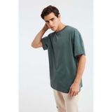 Grimelange Jett Erkek Oversize Fit %100 Organik Pamuk Kalın Dokulu Bisiklet Yakalı T-shirt, Koyu Yeşil, XL
