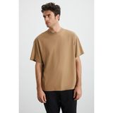 Grimelange Jett Erkek Oversize Fit %100 Organik Pamuk Kalın Dokulu Bisiklet Yakalı Vizon T-shirt - Vizyon
