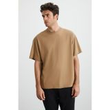 GRIMELANGE Jett Erkek Oversize Fit %100 Organik Pamuk Kalın Dokulu Bisiklet Yakalı Vizon T-shirt