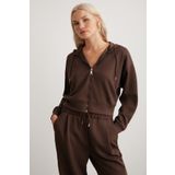 GRIMELANGE Jıll Kadın Relaxed Fit Rahat Kalıp Kapüşonlu Fermuarlı Premium Kumaş Örme Crop Kahverengi Sweatshirt