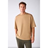 GRIMELANGE Joel Erkek %100 Organik Pamuklu Kalın Kumaşlı Özel Dokulu Etiket Detaylı Oversize Bej T-shirt