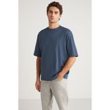 Grimelange Joel Erkek %100 Organik Pamuklu Kalın Kumaşlı Özel Dokulu Etiket Detaylı Oversize Indigo T-shirt - İndigo