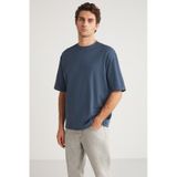 GRIMELANGE Joel Erkek %100 Organik Pamuklu Kalın Kumaşlı Özel Dokulu Etiket Detaylı Oversize Indigo T-shirt