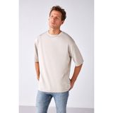 Grimelange Joel Erkek %100 Organik Pamuklu Kalın Kumaşlı Özel Dokulu Etiket Detaylı Oversize Taş Rengi T-Shirt - XS