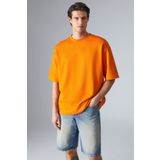 GRIMELANGE JOEL Erkek %100 Organik Pamuklu Kalın Kumaşlı Özel Dokulu Etiket Detaylı Oversize Turuncu T-Shirt