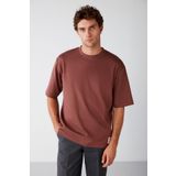 Grimelange Joel Erkek%100 Organik Pamuklu Kalın Kumaşlı Özel Dokulu Etiket Detaylı Oversize T-shirt, Bordo, 2XL