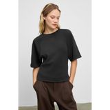 GRIMELANGE JOLIEZA Kadın Bisiklet Yaka Pens Detaylı Kısa Reglan Kollu Relaxed Fit Siyah Bluz