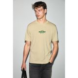 Grimelange Jumılla Erkek %100 Pamuk Yumuşak Kumaşlı Baskılı Yuvarlak Yaka Bej T-Shirt - 2XL