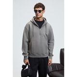 Grimelange JUSTUS Erkek Kapüşonlu Kanguru Cepli Fermuar Yakalı Koyu Gri Sweatshirt - XL