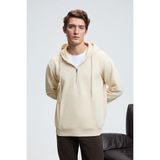 Grimelange JUSTUS Erkek Kapüşonlu Kanguru Cepli Fermuar Yakalı Krem Sweatshirt - 2XL