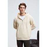 GRIMELANGE JUSTUS Erkek Kapüşonlu Kanguru Cepli Fermuar Yakalı Krem Sweatshirt