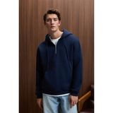 Grimelange JUSTUS Erkek Kapüşonlu Kanguru Cepli Fermuar Yakalı Lacivert Sweatshirt - XL