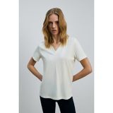 Grimelange Kadın Ekru %100 Organik Pamuk Derin V Yakalı Rahat Fit T-Shirt Günlük Stil Kısa Kol