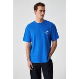 GRIMELANGE KHARY Erkek Nakış Detaylı %100 Organik Pamuk Oversize Bisiklet Yaka Saks Mavi T-Shirt