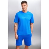 Grimelange KINGSLEY Erkek %100 Pamuk Baskılı Kısa Kollu Regular Fit Saks Mavi T-Shirt