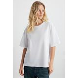 GRIMELANGE Lagertha Kadın %100 Organik Pamuklu Kalın Dokulu Oversize Fit Yuvarlak Yakalı Beyaz T-shirt