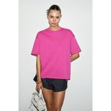 Grimelange Lagertha Kadın %100 Organik Pamuklu Kalın Dokulu Oversize Fit Yuvarlak Yakalı Fuşya T-Shirt - XS