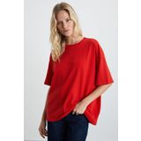 GRIMELANGE Lagertha Kadın %100 Organik Pamuklu Kalın Dokulu Oversize Fit Yuvarlak Yakalı Kırmızı T-shirt