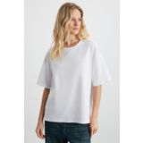 Grimelange Lagertha Kadın%100 Organik Pamuklu Kalın Dokulu Oversize Fit Yuvarlak Yakalı T-shirt, Beyaz, XL