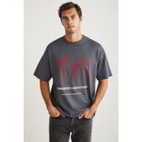 Grimelange Leaf Erkek Bisiklet Yaka %100 Pamuk Baskılı Gri T-shirt