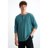 Grimelange Lorenzo Erkek Özel Rustik Dokulu %100 Organik Pamuk Düğme Detaylı Regular Yeşil Sweatshirt - 2XL