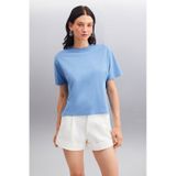 Grimelange Lottıe Kadın %100 Organik Pamuklu Regular Kalıp Bisiklet Yaka Basic Kısa Kollu Indigo T-shirt - İndigo