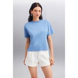 Grimelange Lottıe Kadın %100 Organik Pamuklu Regular Kalıp Bisiklet Yaka Basic Kısa Kollu Indigo T-shirt - XL - İndigo