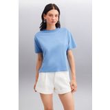 GRIMELANGE Lottıe Kadın %100 Organik Pamuklu Regular Kalıp Bisiklet Yaka Basic Kısa Kollu Indigo T-shirt