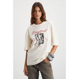 Grimelange Majer Kadın %100 Organik Pamuklu Western Tema Baskılı Regular Fit Krem T-shirt - XL