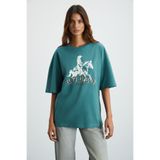 GRIMELANGE Majer Kadın %100 Organik Pamuklu Western Tema Baskılı Regular Fit Yeşil T-shirt