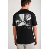 Grimelange MALIK Erkek %100 Pamuklu Baskı Ve Nakış Detaylı Kısa Kollu Siyah T-Shirt