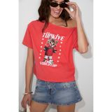 GRIMELANGE MANAIA Kadın %100 Organik Pmauklu Tek Omuzu Açık Dünya Kupasına Özel Baskılı Pembe T-Shirt