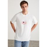 Grimelange MANUEL Erkek %100 Pamuklu Baskı Ve Nakış Detaylı Bisiklet Yaka Kısa Kollu Beyaz T-Shirt
