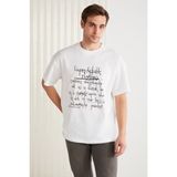 Grimelange MARIONA Erkek %100 Pamuk Önü Baskılı Kısa Kollu Bisiklet Yaka Oversize Beyaz T-Shirt - XL