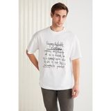 Grimelange MARIONA Erkek %100 Pamuk Önü Baskılı Kısa Kollu Bisiklet Yaka Oversize Beyaz T-Shirt