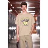 GRIMELANGE MEDITIN Erkek %100 Organik Pamuklu Yuvarlak Yakalı Baskı Detaylı Bej T-Shirt