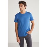 GRIMELANGE Mıchel Erkek Slim Fit Dar Kesim %100 Organik Pamuklu Yana Kayan Dikişli Basic Örme Mavi T-shirt
