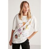 Grimelange Mıllıe Kadın %100 Organik Pamuklu Oversize Kalıp Bol Kesim Baskı Ve Nakış Detaylı Beyaz T-shirt - XS