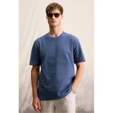GRIMELANGE NELIDO Erkek Nakış Detaylı %100 Organik Pamuk Bisiklet Yaka Kısa Kollu Regular Fit İndigo T-Shirt