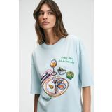 GRIMELANGE NITZA Kadın %100 Pamuk Oversize Bisiklet Yaka Mavi T-Shirt