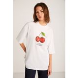GRIMELANGE Odalys Kadın %100 Organik Pamuklu Oversize Fit Bol Kesim Kiraz Baskılı Bisiklet Yaka Beyaz T-shirt