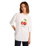 Grimelange Odalys Kadın%100 Organik Pamuklu Oversize Fit Bol Kesim Kiraz Baskılı Bisiklet Yaka Beyaz T-Shirt, XL