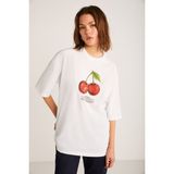 Grimelange Odalys Kadın%100 Organik Pamuklu Oversize Fit Bol Kesim Kiraz Baskılı Bisiklet Yaka Beyaz T-Shirt, XS